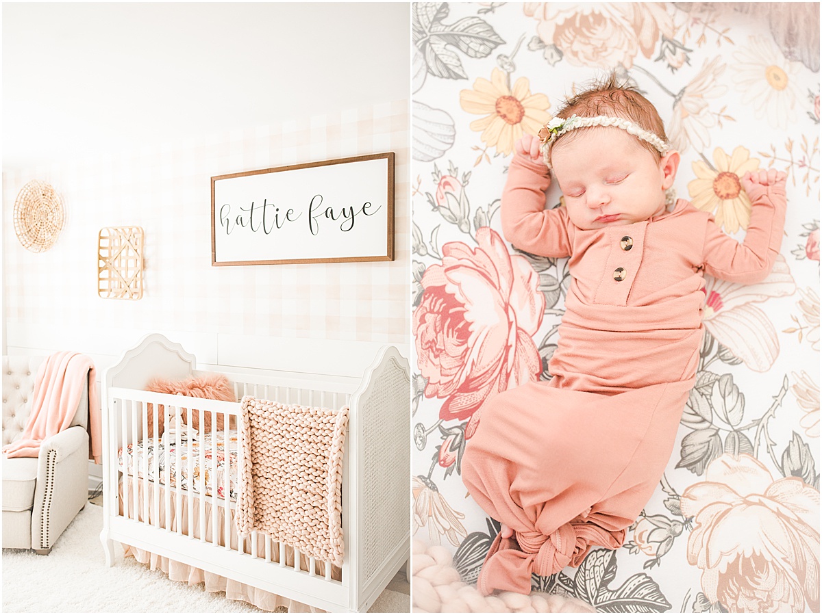 pink floral farmhouse style nursery, maryland lifestyle newborn photographer
