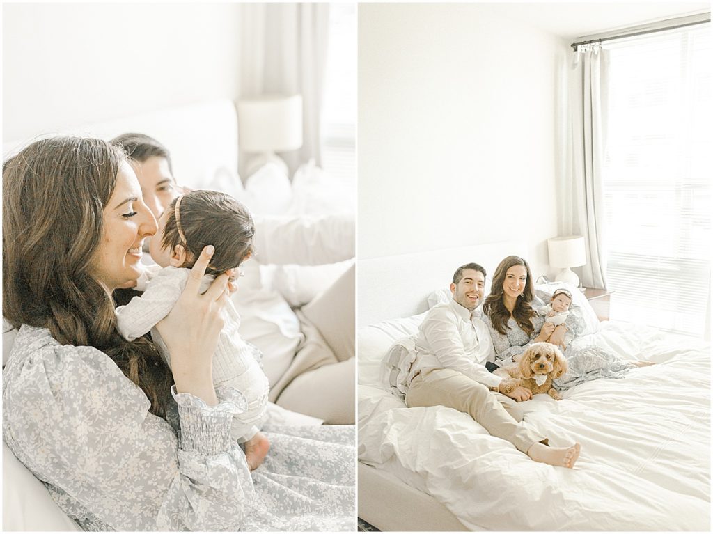 Newborn family photography in master bedroom