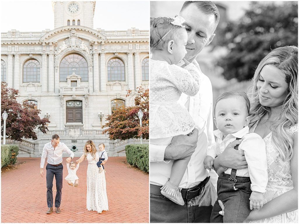 Mom, dad, little girl and baby boy at the U.S. Naval Academy for family photographs
