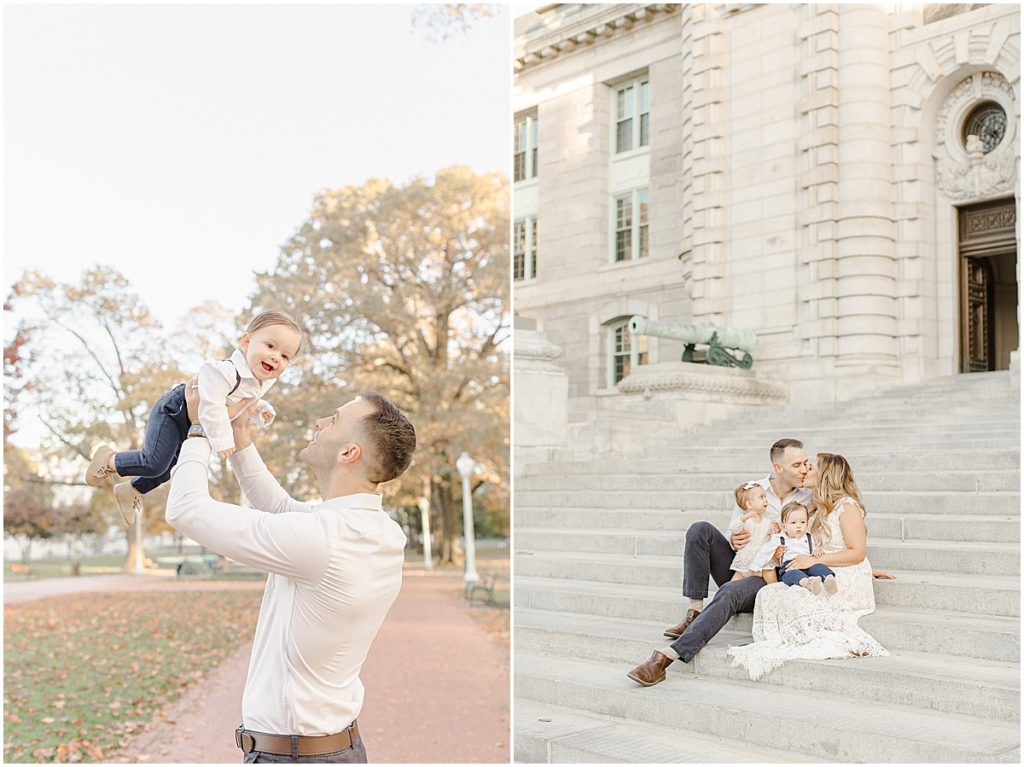 Family photograph of parents and two children on the steps of a U.S. Naval Academy building
