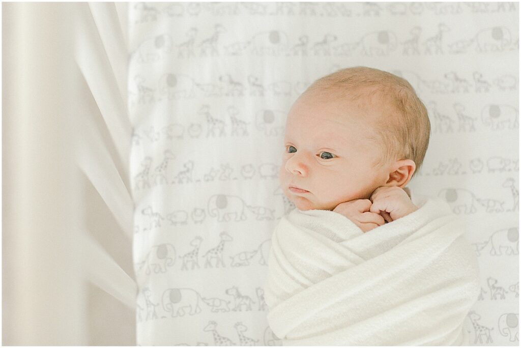 Baby boy swaddled in his crib during his newborn photography session in Westminster, Maryland
