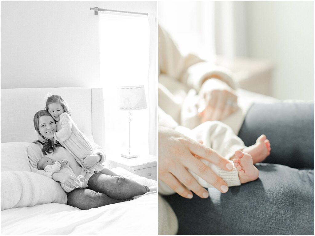 Black and white image of Mom snuggling her newborn baby and daughter during their photography session
