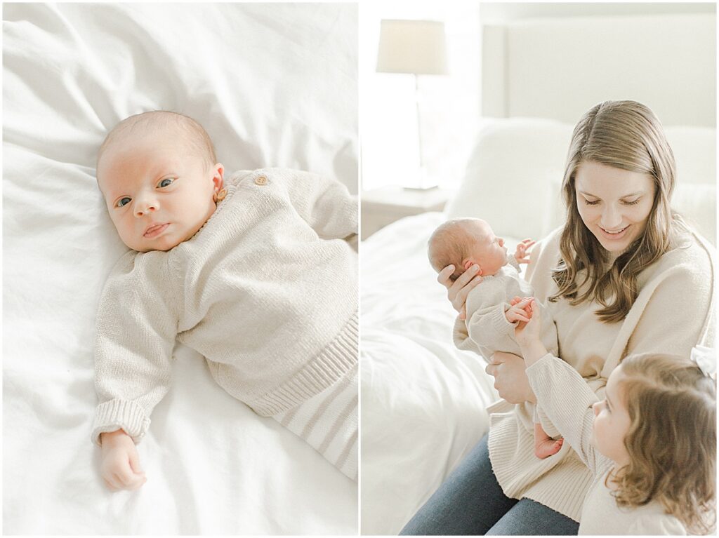Maryland newborn photography session with baby boy laying on the bed looking at the camera, and mom holding baby smiling at daughter
