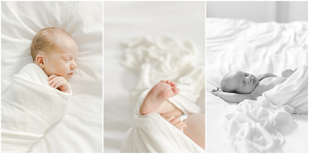 Natural posing of newborn baby boy on the bed in the master bedroom during an in-home newborn photography session in Maryland